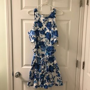 Blue & White Floral Side Cut Out dress